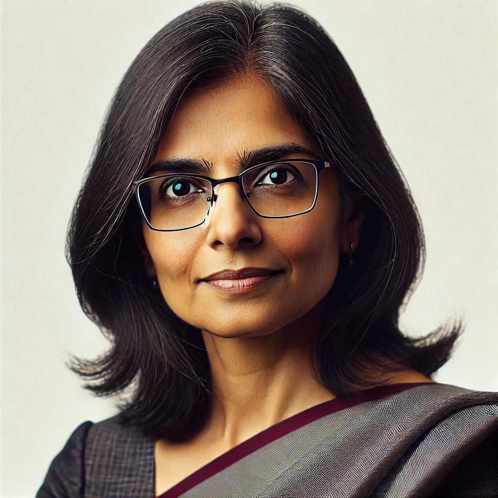 DALL·E 2024-09-04 12.48.13 - A close-up image of a female Indian professor in her mid-40s, wearing a formal saree and glasses. She has shoulder-length black hair with a few strand